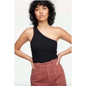 LACAUSA black ribbed stretch knit Lia one shoulder fitted cotton tank top